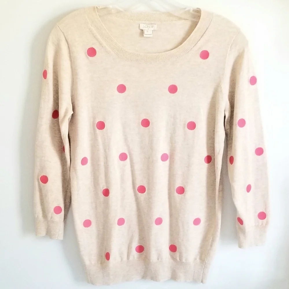 J. Crew pink dot embroidered tan cotton sweater